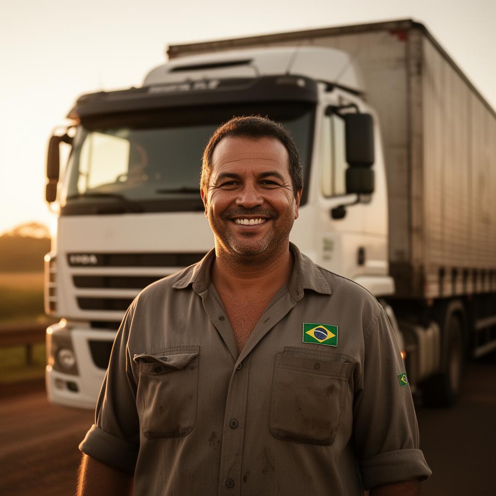 Caminhoneiro brasileiro em frente ao seu caminhão