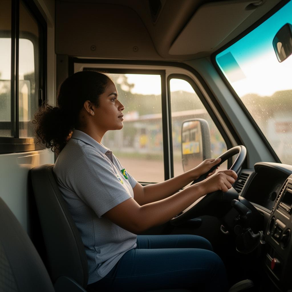 Motorista de van escolar ao volante, em foco